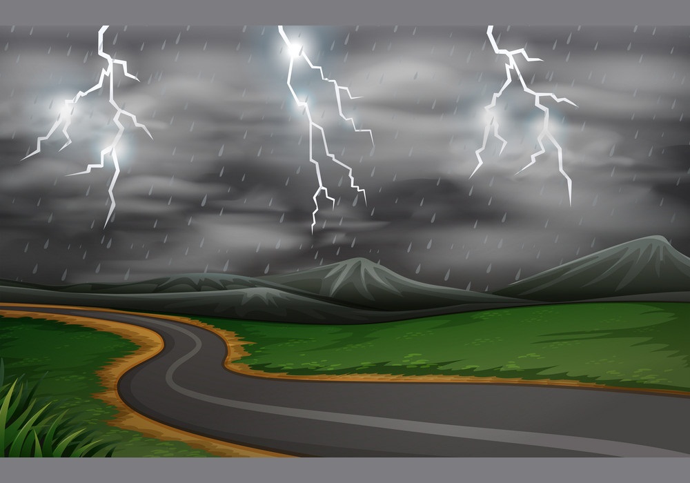 a thunderstorm road  scene with lightning bolt