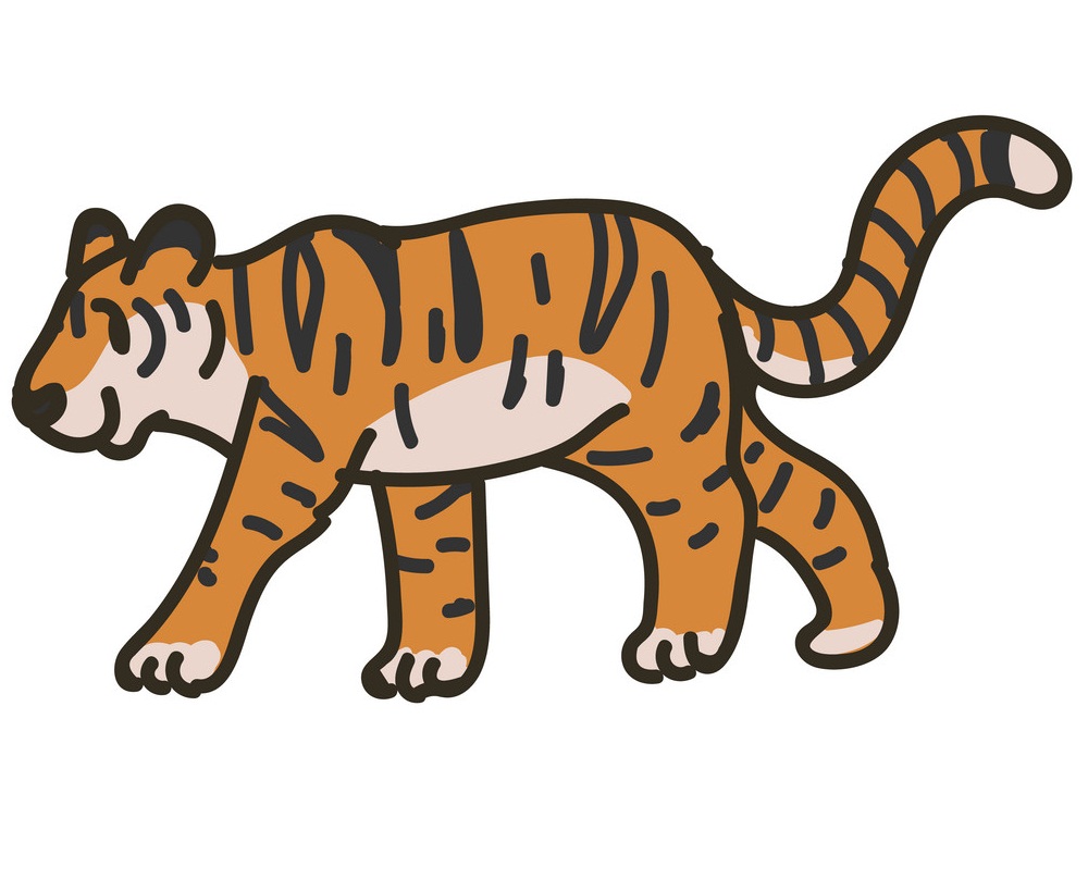Adorable Cartoon Walking Tiger Clip Art. Safari Animal Icon. Hand Drawn kawaii Big Cat Motif Illustration Doodle In Flat Color. Isolated Baby, Nursery and Childhood Character. Colorful Cute.