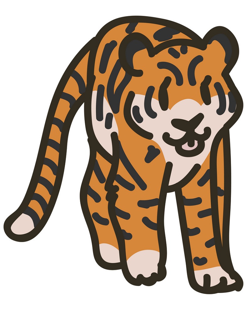 Adorable Cartoon Tiger Clip Art. Safari Animal Icon. Hand Drawn kawaii Big Cat Motif Illustration Doodle In Flat Color. Isolated Baby, Nursery and Childhood Character. Colorful Cute.