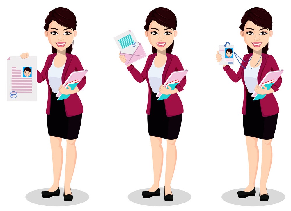Asian business woman in office clothes. Beautiful lady, cartoon character, set of three poses with signed document, with document in envelope and with badge. Vector illustration