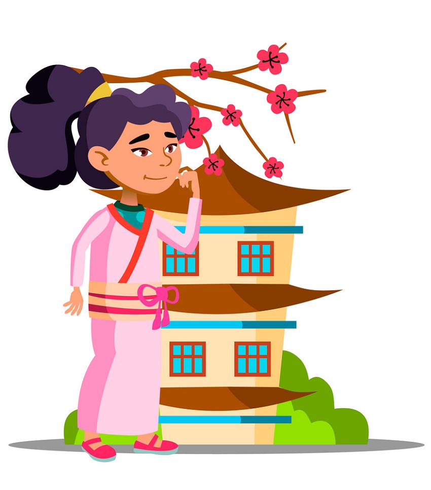 Asian Girl Near Sakura And Her House