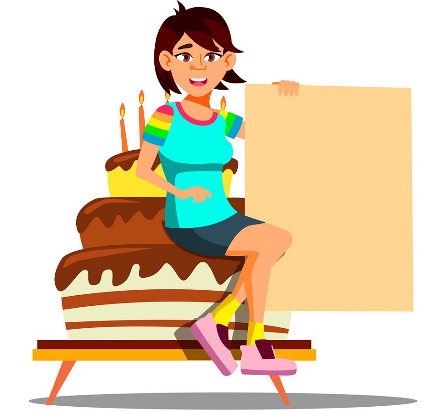 Asian Girl Sitting On A Big Cake