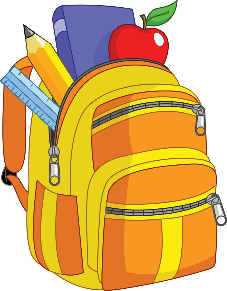 backpack with book, pencil, ruler and apple