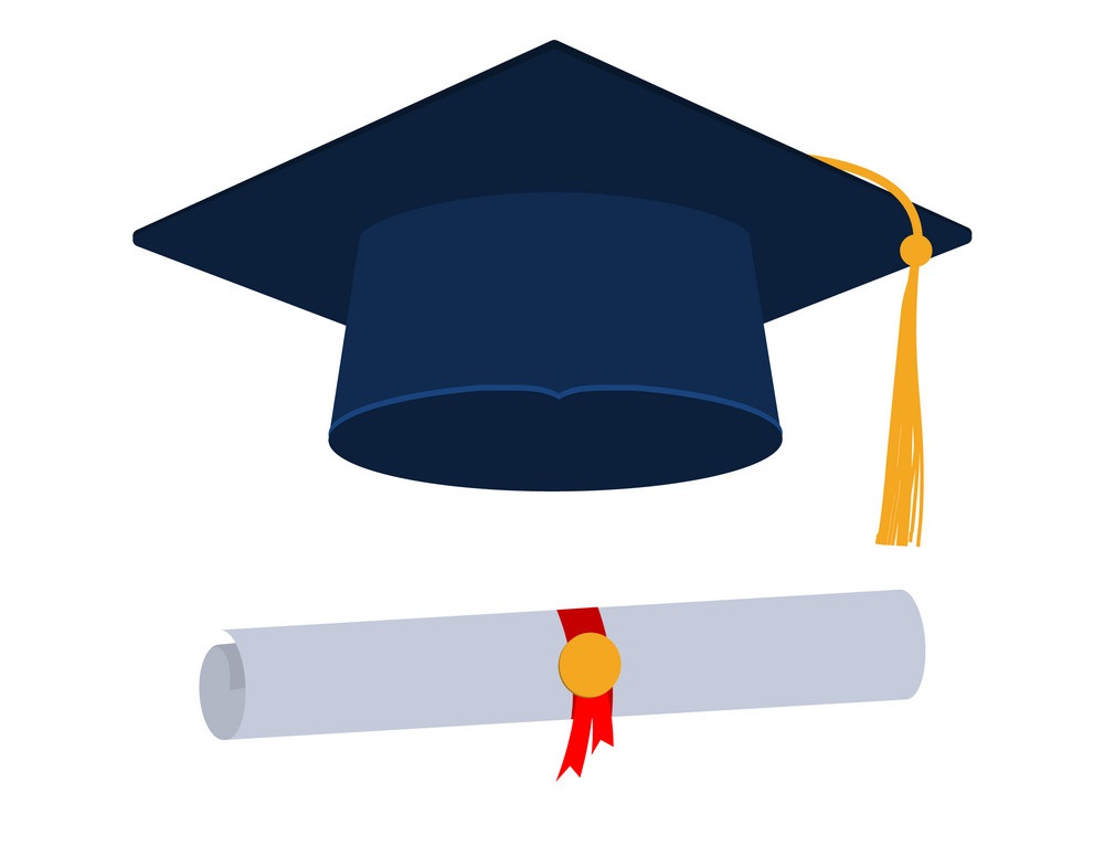 blue graduation cap with diploma