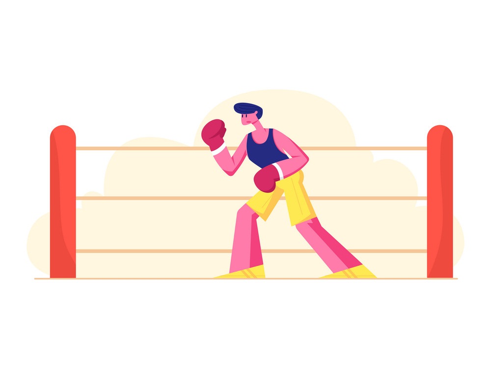 Male Character Professional Sportsman Boxer or Kickboxer Stand in Fighting Pose Take Part in Combat Competition. Athletic Man in Sportswear and Gloves Boxing on Ring. Cartoon Flat Vector Illustration