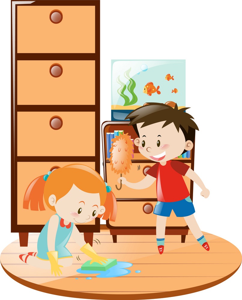 boy and girl doing housework together