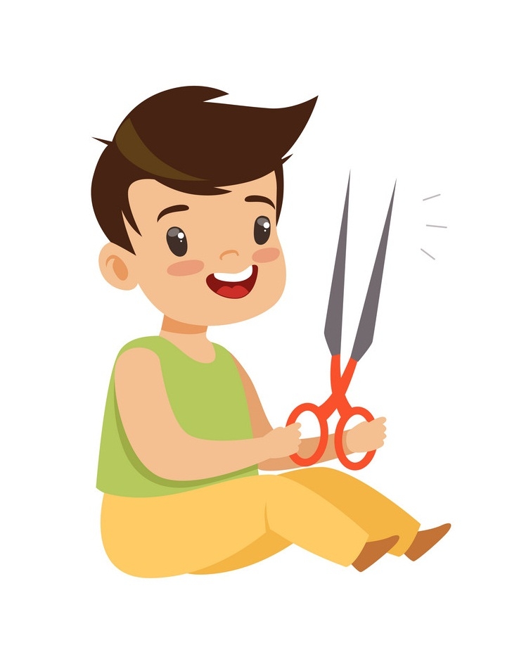 Boy playing with scissors in dangerous situation