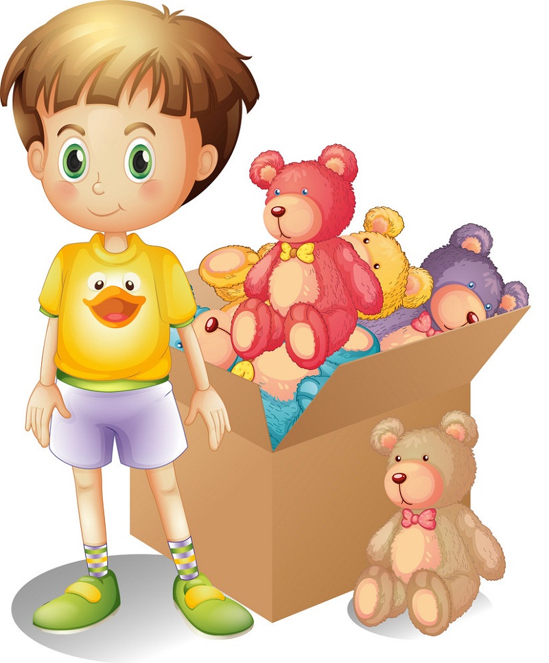 boy with box of soft teddy bears