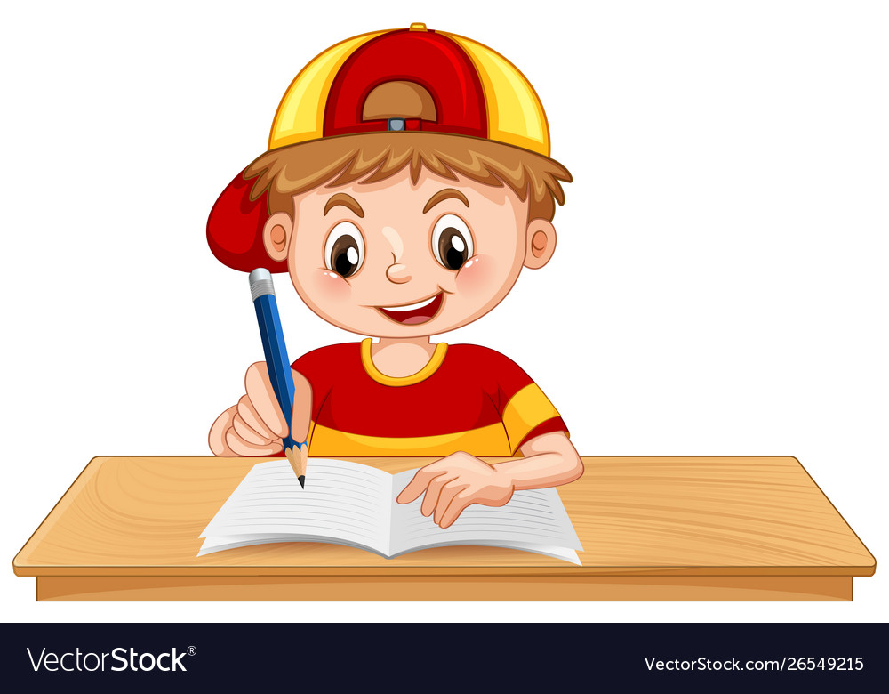 Adorable boy on isolated white background – writing at school