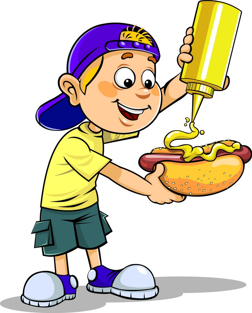boy with hot dog and mustard