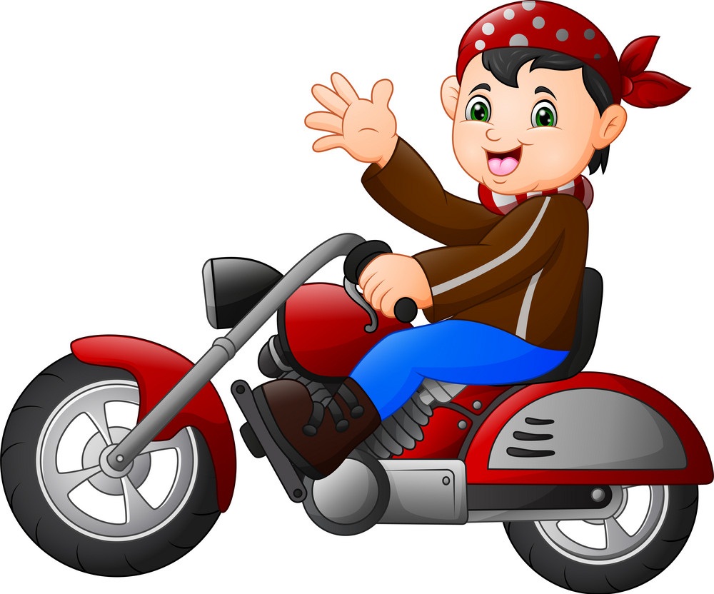 cartoon boy funny riding a motorcycle