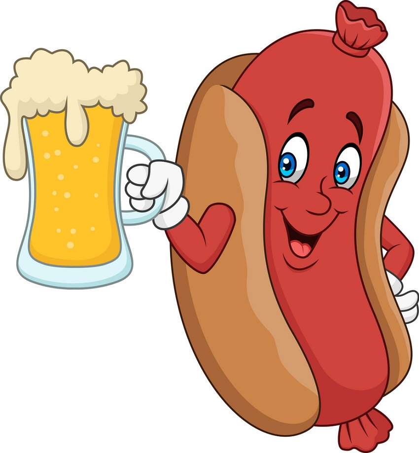 cartoon hot dog drinking beer