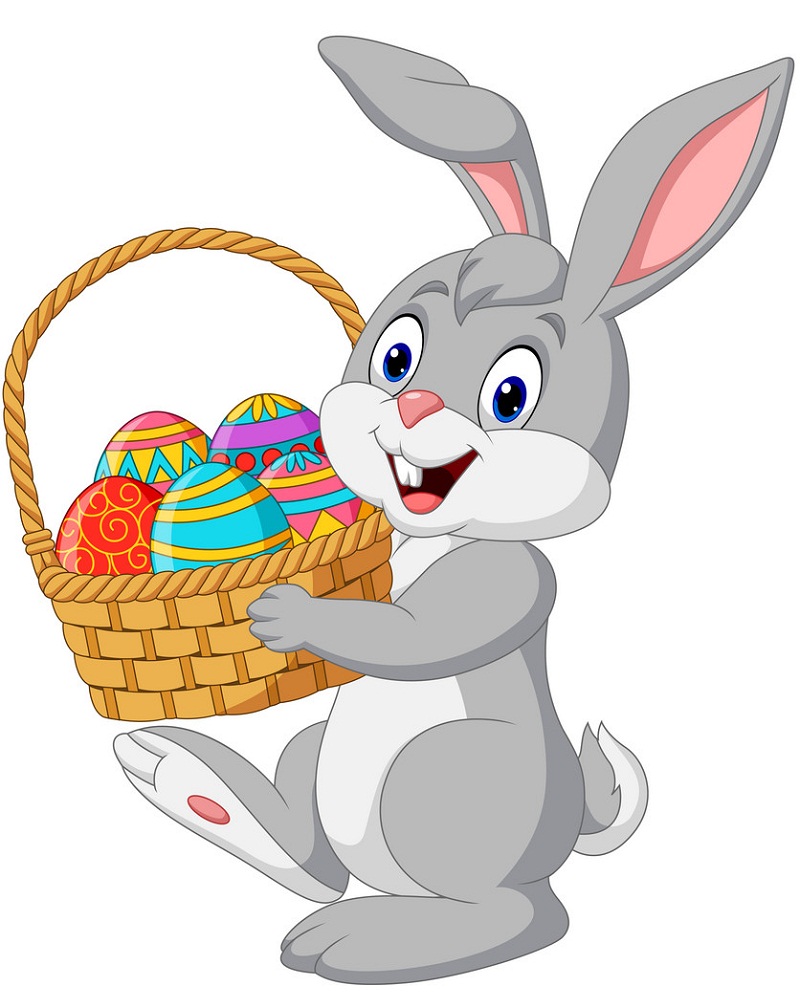 Smiling Bunny with Basket of Easter Eggs