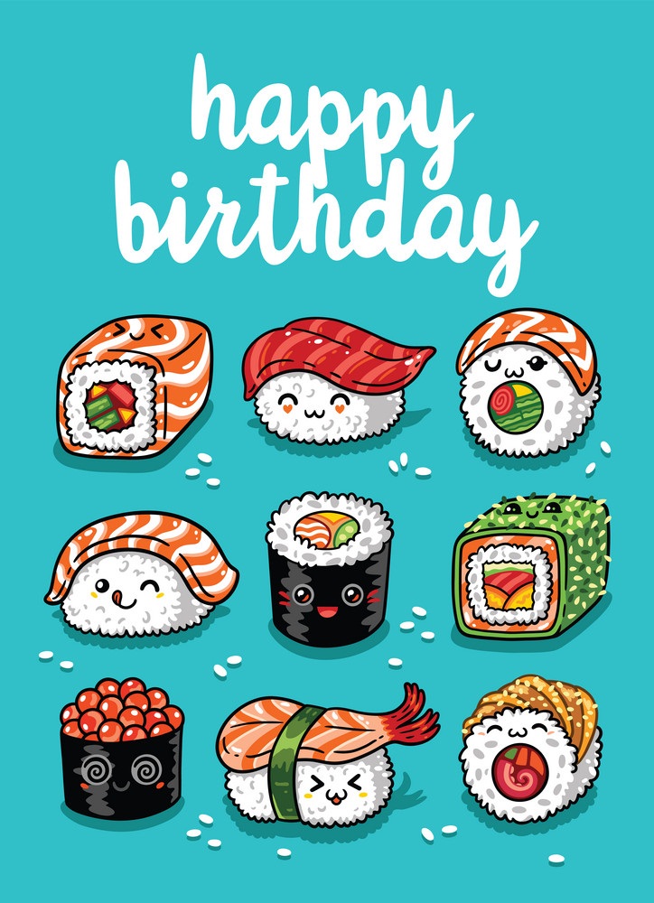 cartoon sushi with happy birthday text