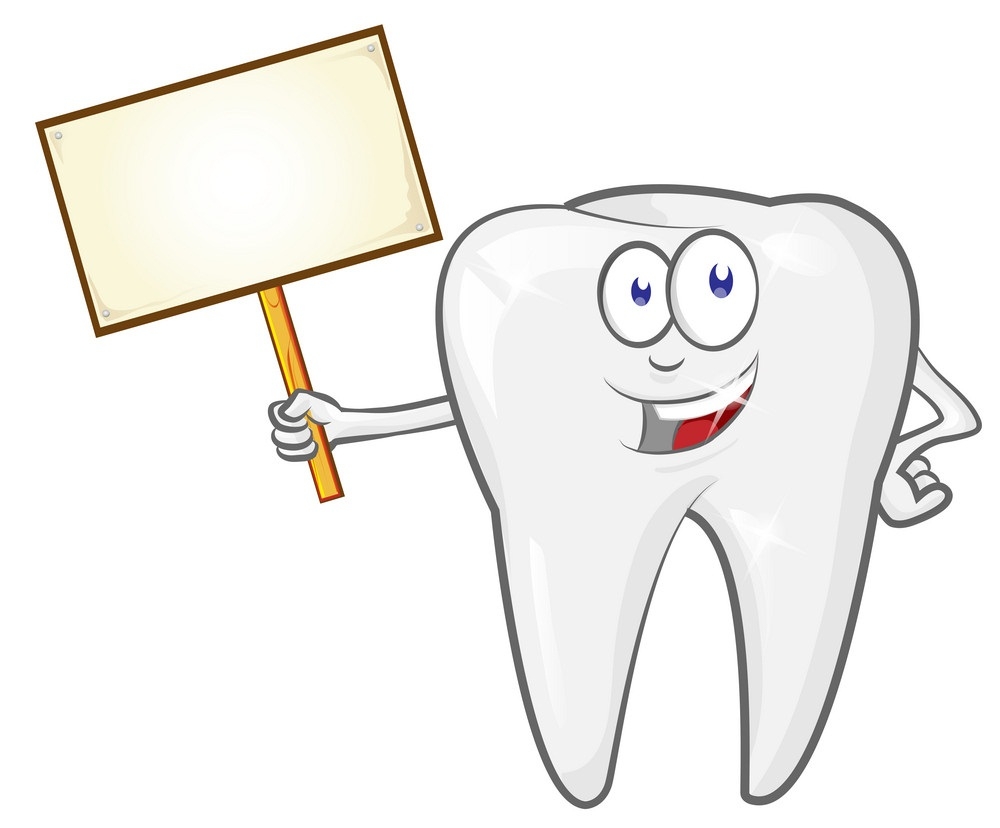 cartoon tooth with signboard