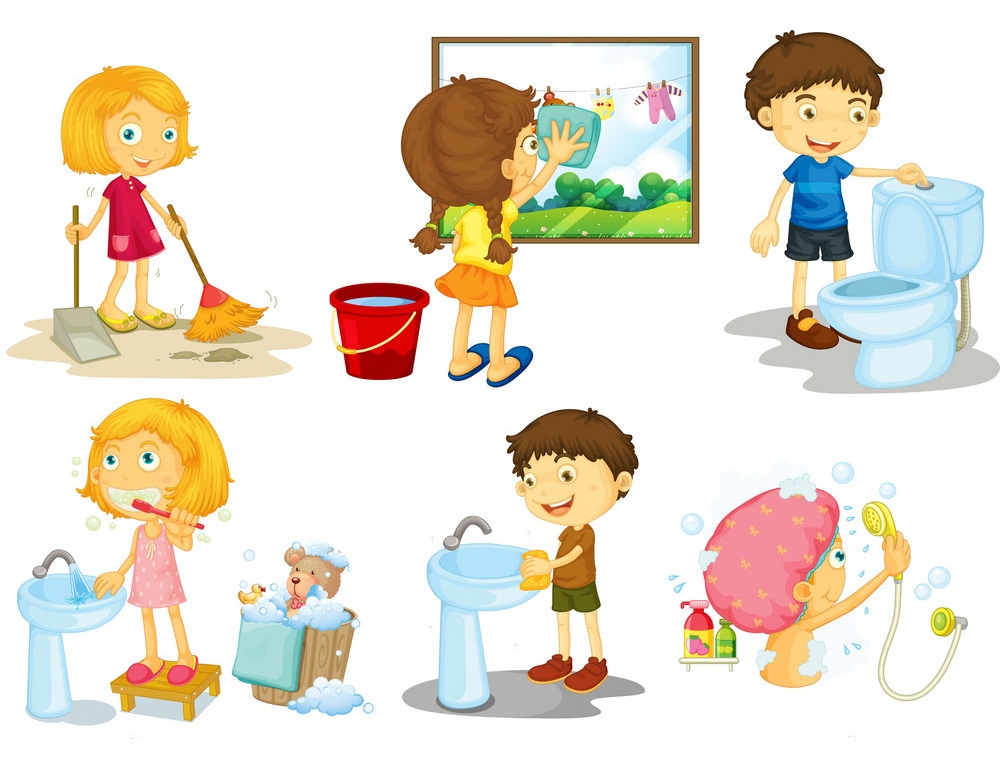 children doing different chores