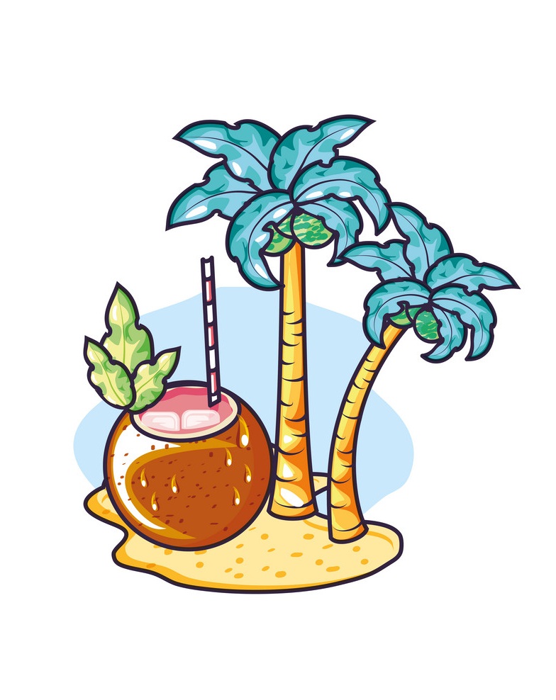 coconut cocktail with coconut trees