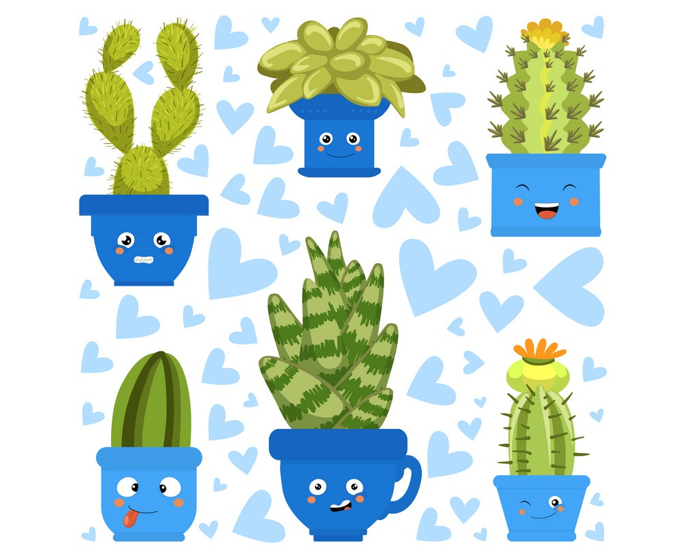 Collection of Cute Green Cactus and Succulent Plants in Pots with Happy Funny Faces