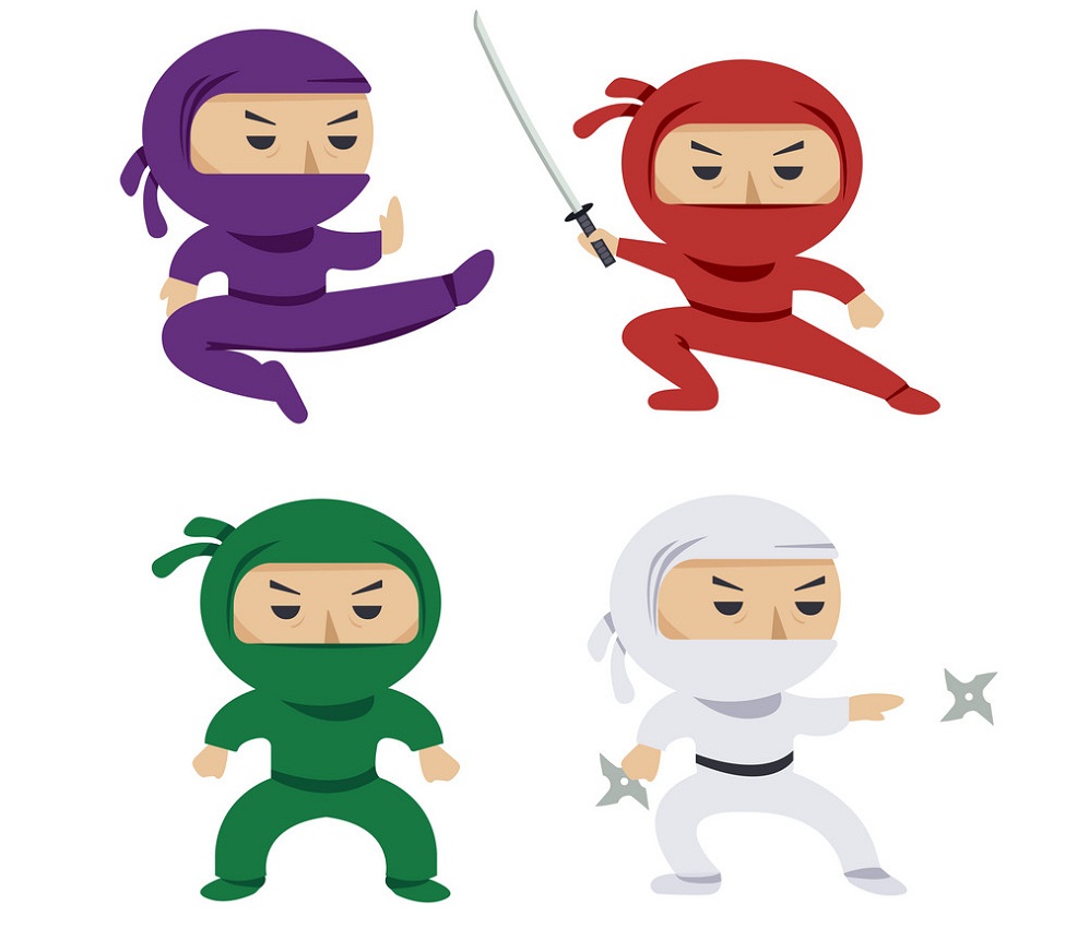 set of the cartoon colored ninjas with katana sword, martial arts poses. Vector clip art illustration.
