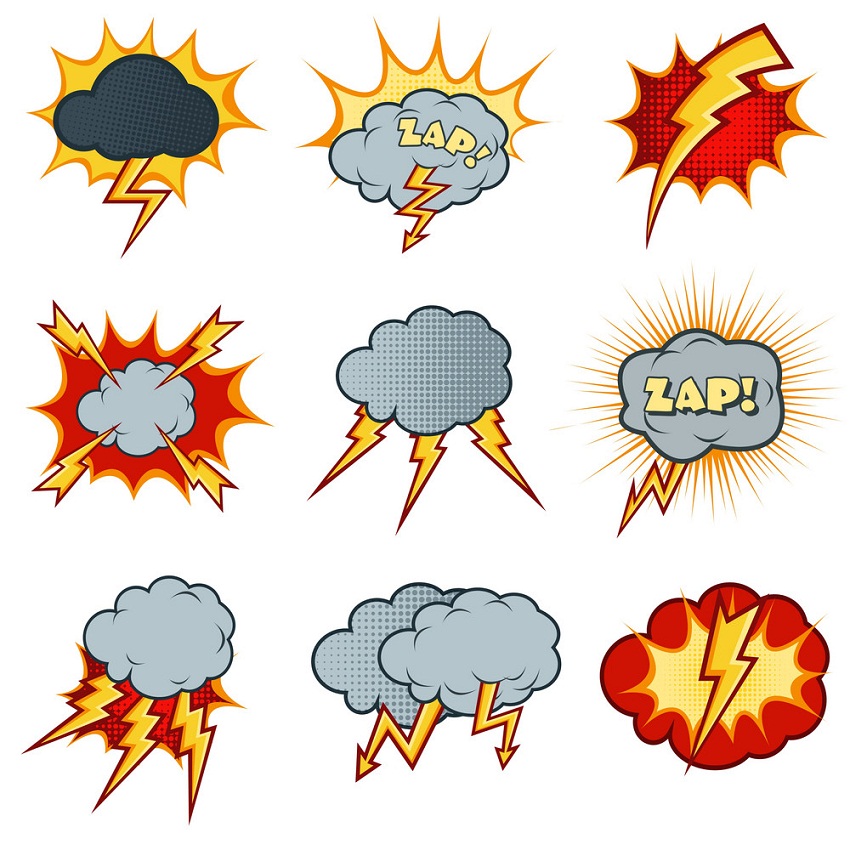 comic lightning bolt icons set