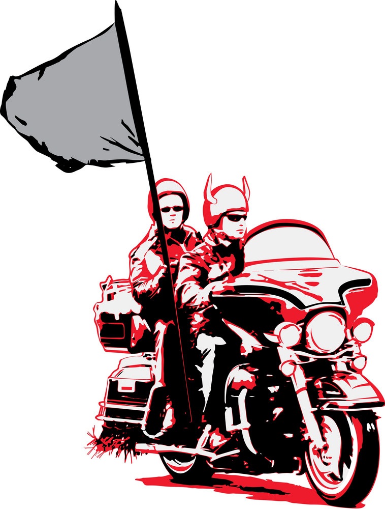 couple riding motorcycle with flag