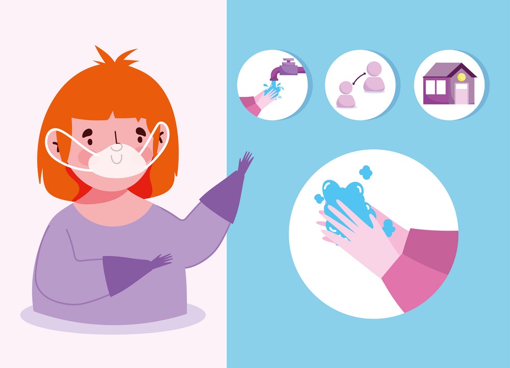 covid 19 coronavirus infographic, girl with mask and prevention wash hands, social distancing and stay at home