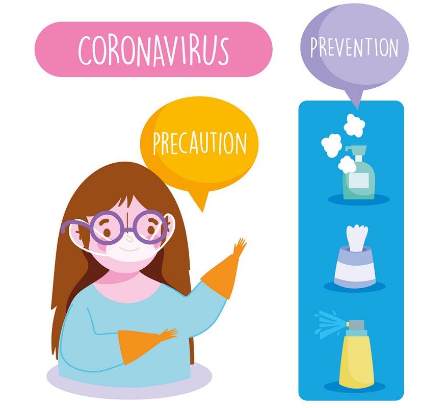 covid 19 coronavirus infographic, girl with medical mask, prevention spray