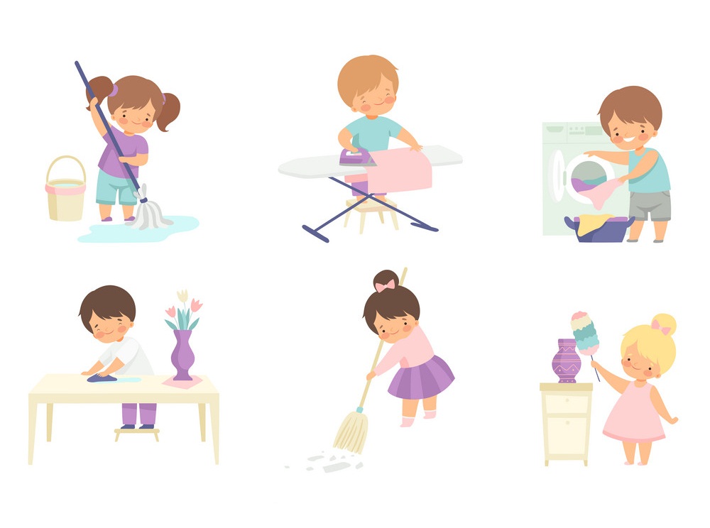 Cute Adorable Kids Doing Housework at Home