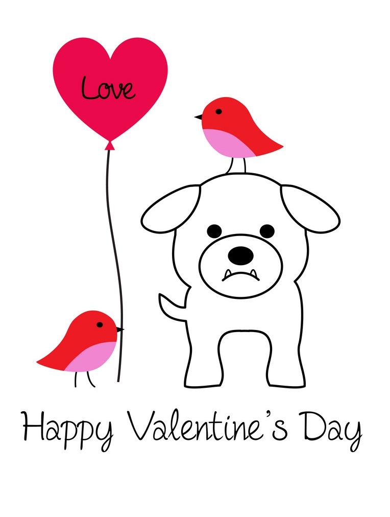 cute bulldog and birds valentine with balloon