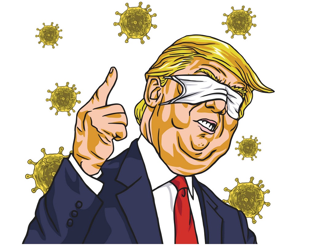donald trump blindfold and talks about covid-19