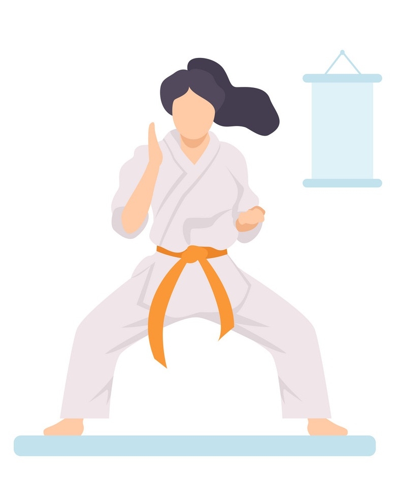 Girl in White Kimono with Orange Belt Doing Karate Vector Illustration