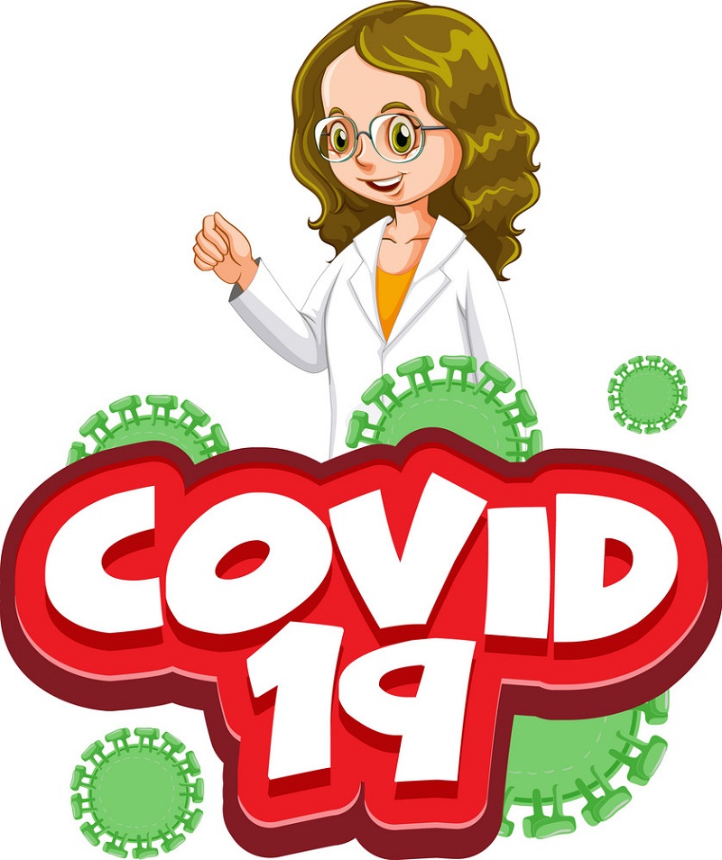 Font design for word covid 19 with happy doctor on white backgro
