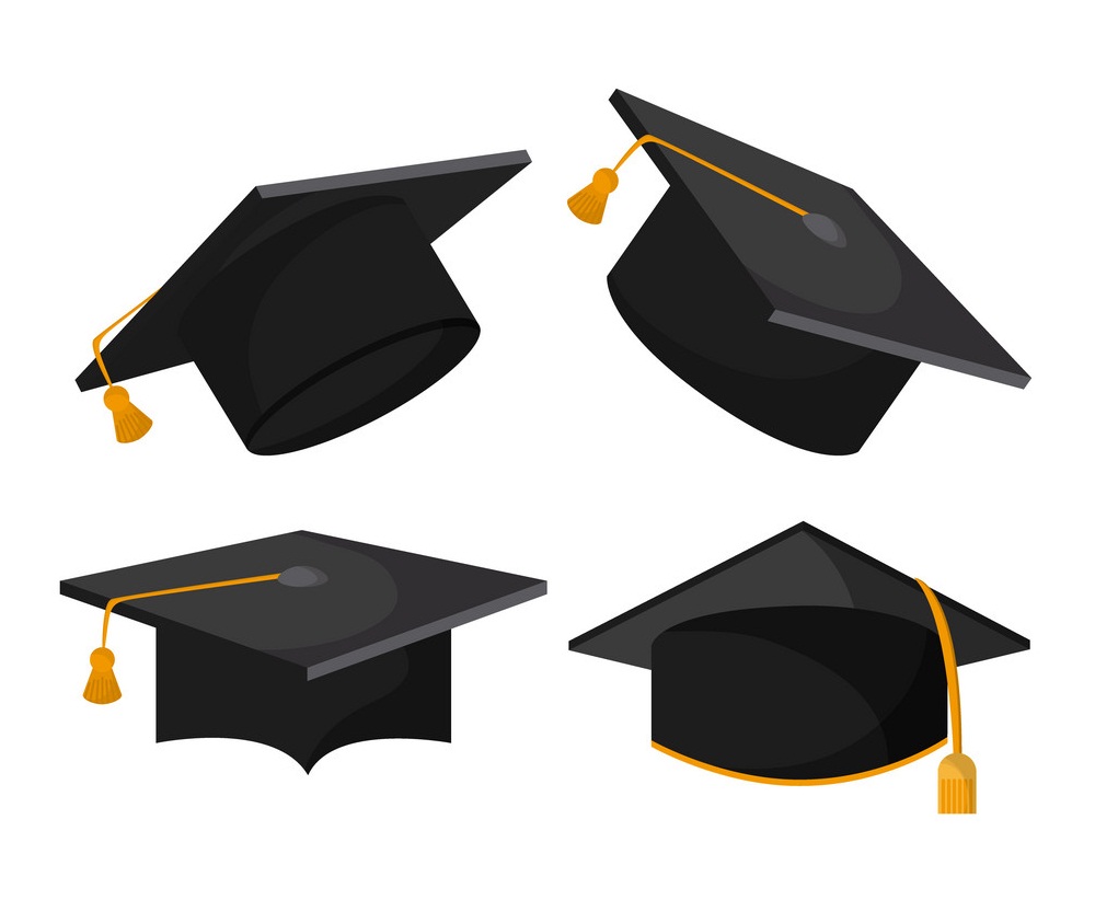 four graduation caps with yellow tassels