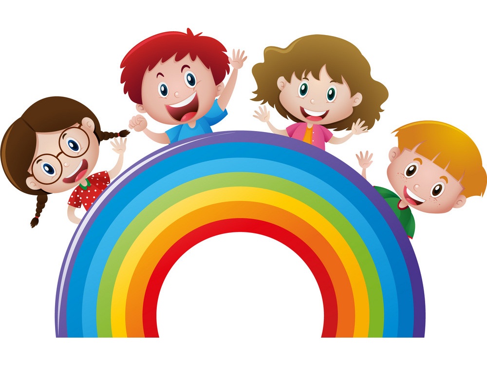 four kids with rainbow