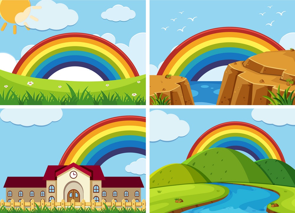 four scenes with rainbow in the sky