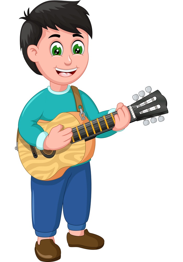 funny boy wearing blue shirt with acoustic guitar