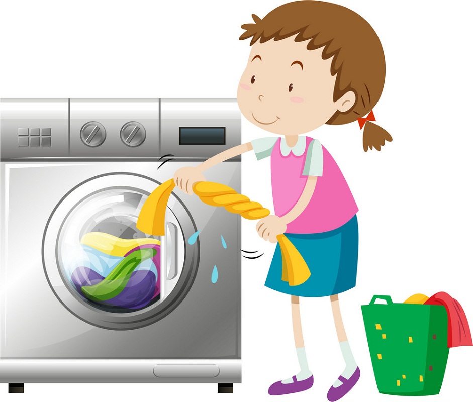 girl doing laundry with washing machine