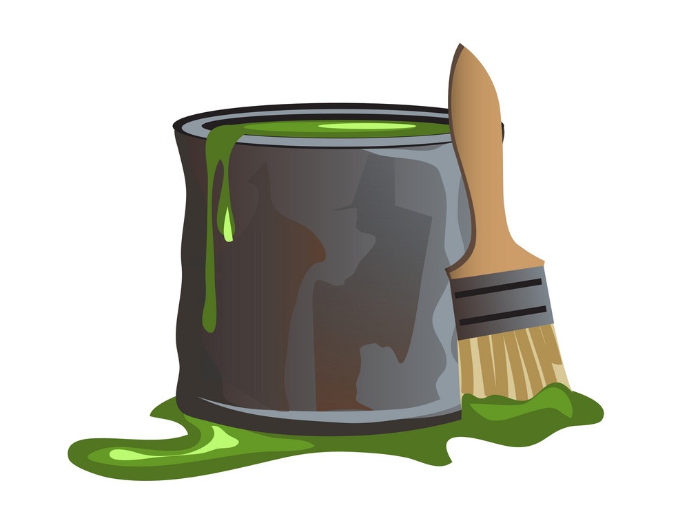 green paint bucket with paint brush