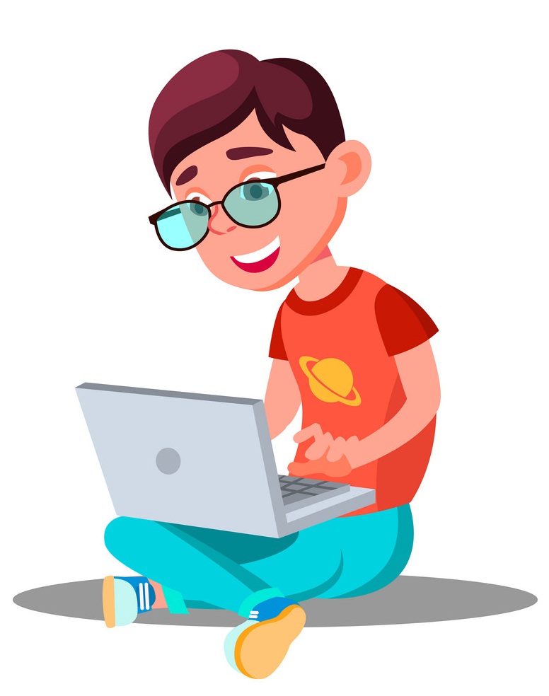 Little Boy Doing Homework At Home With Computer Vector. Isolated Illustration