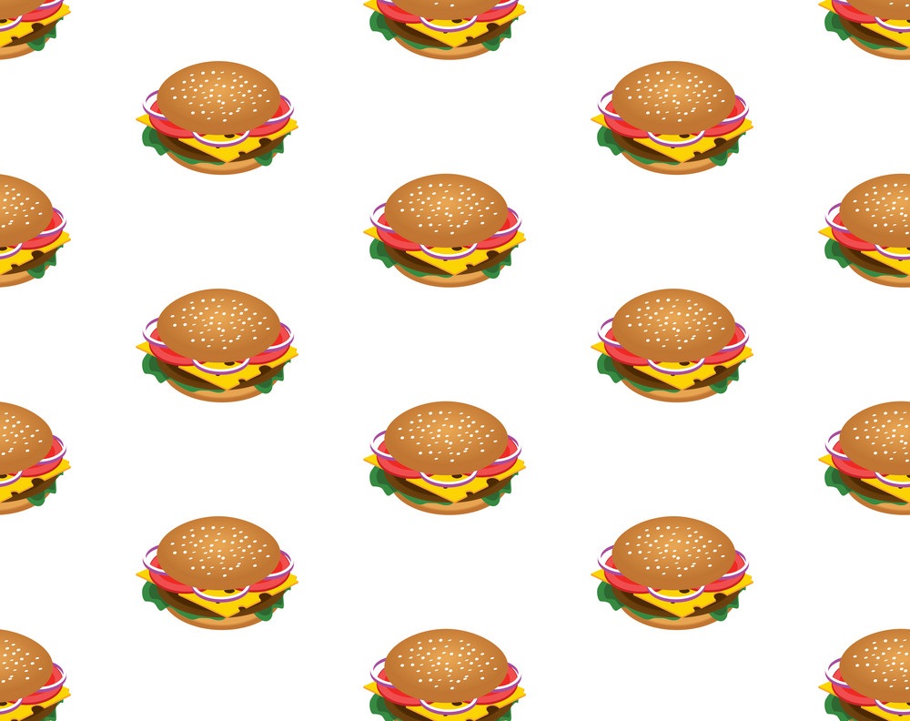 Hamburger seamless pattern. Background for fast food, packing, poster. Isometric 3D. Vector illustration.