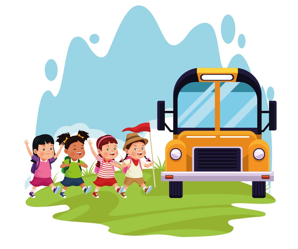 happy kids and school bus