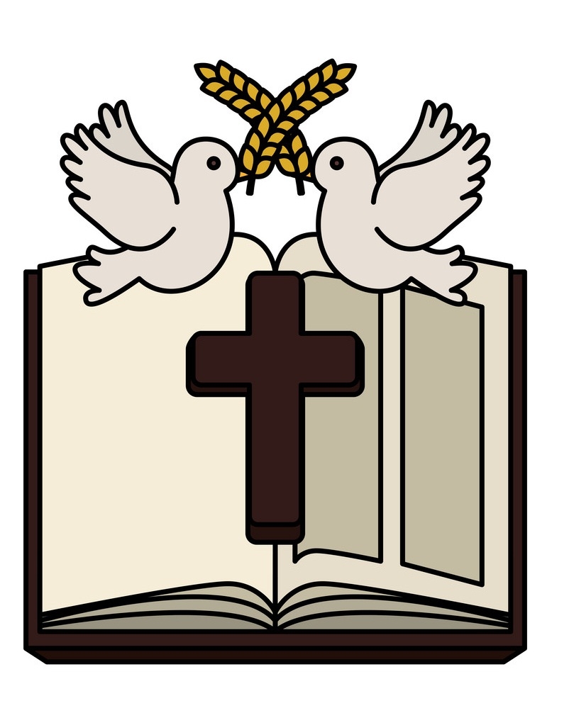 holy bible with wooden cross and doves
