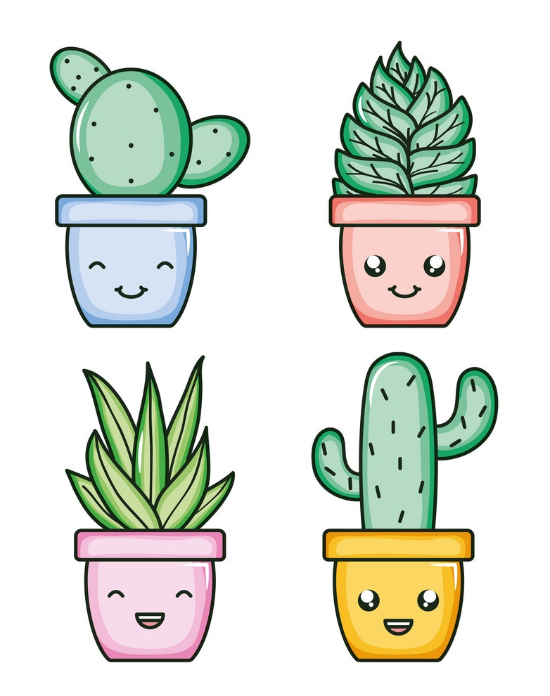 house plants and cactus kawaii comic characters