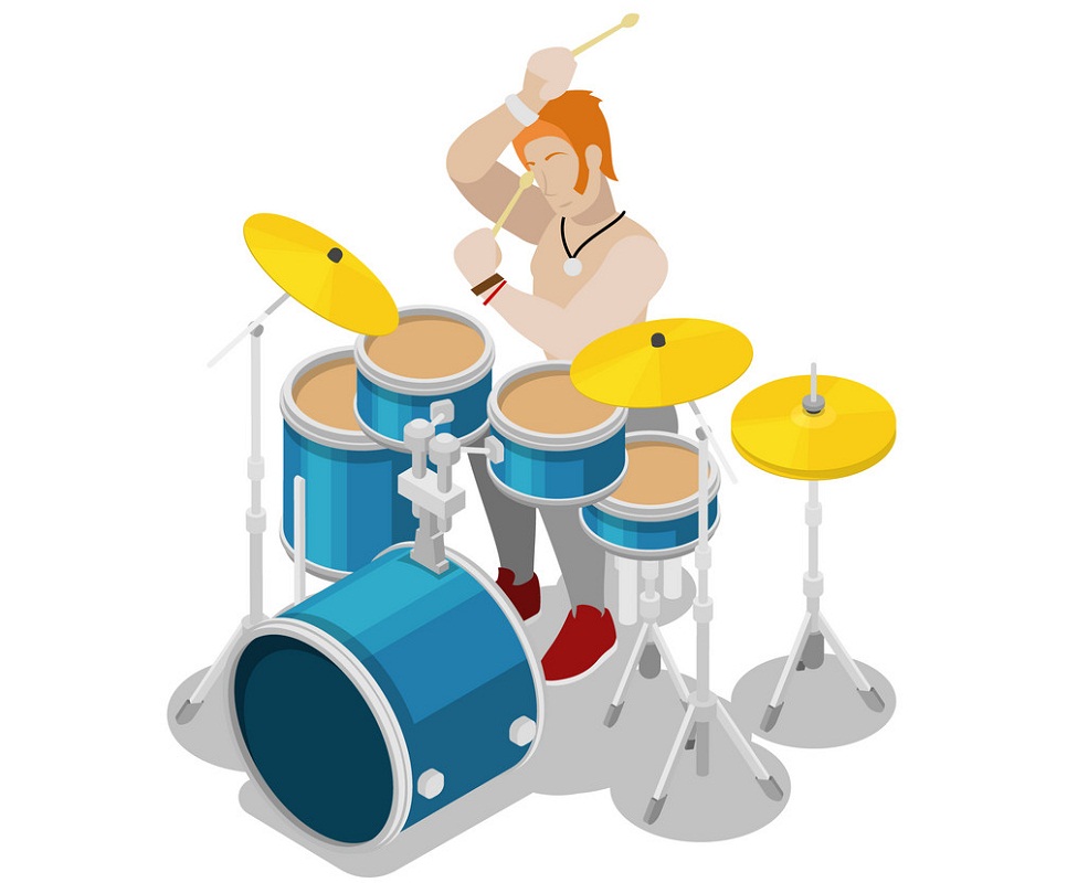 isometric rock drummer playing on drums