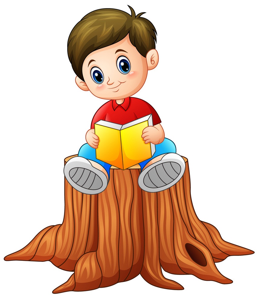 boy sitting on a tree reading a book