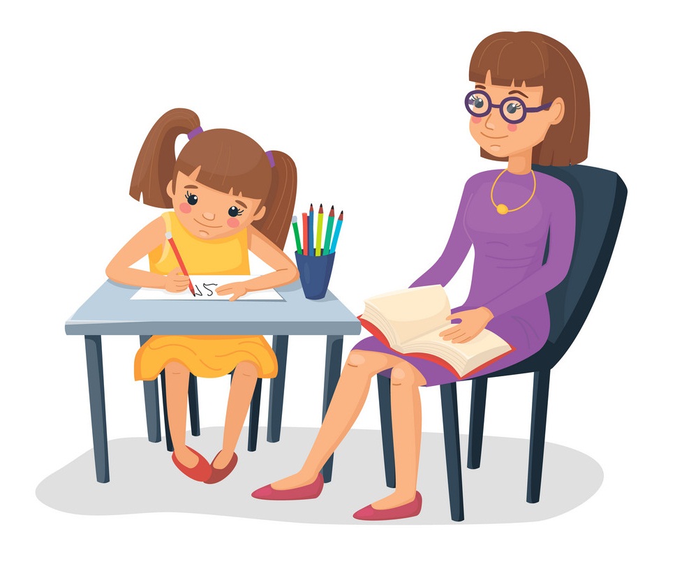 Mother helping her daughter with homework. Girl doing schoolwork with mom or teacher. Vector illustration.