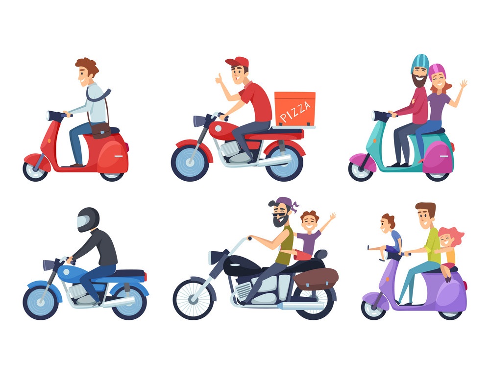 Motorcycle driving. Man rides with woman and kids postal food pizza deliver vector characters cartoon