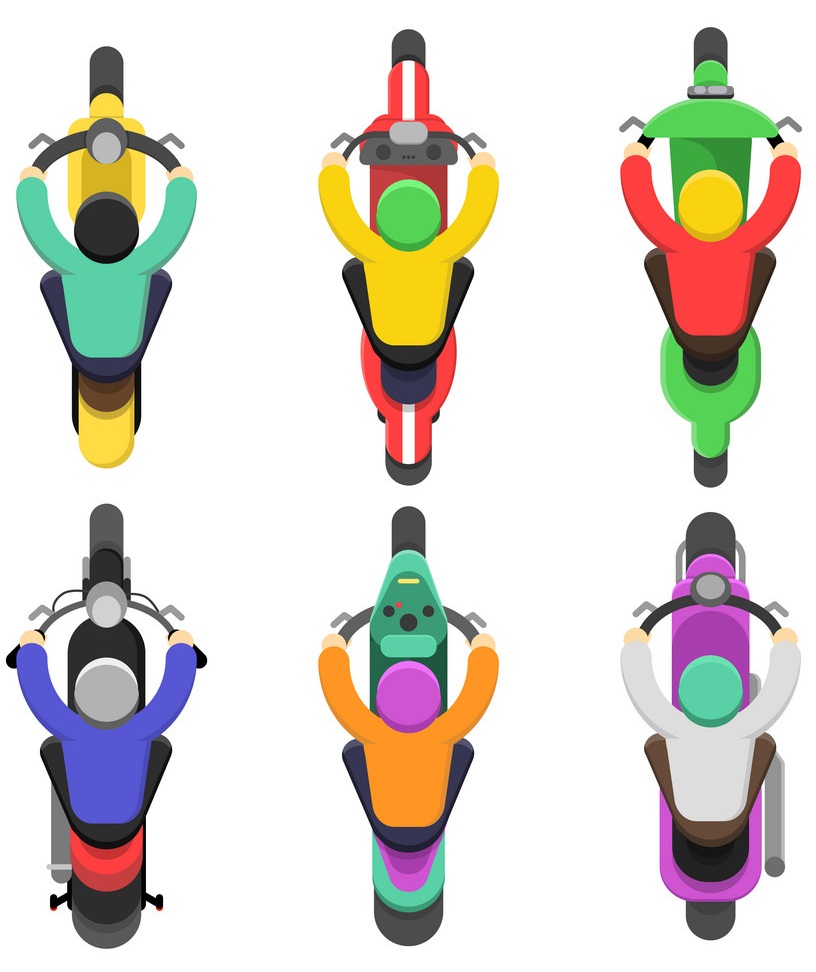 Motorcycle top view. Topping of motor bicycle with drivers traffic vector flat illustrations