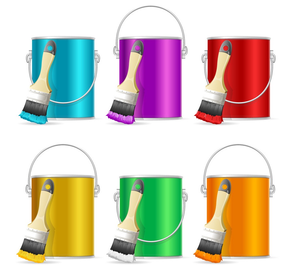 realistic color steel can bucket and paint brush