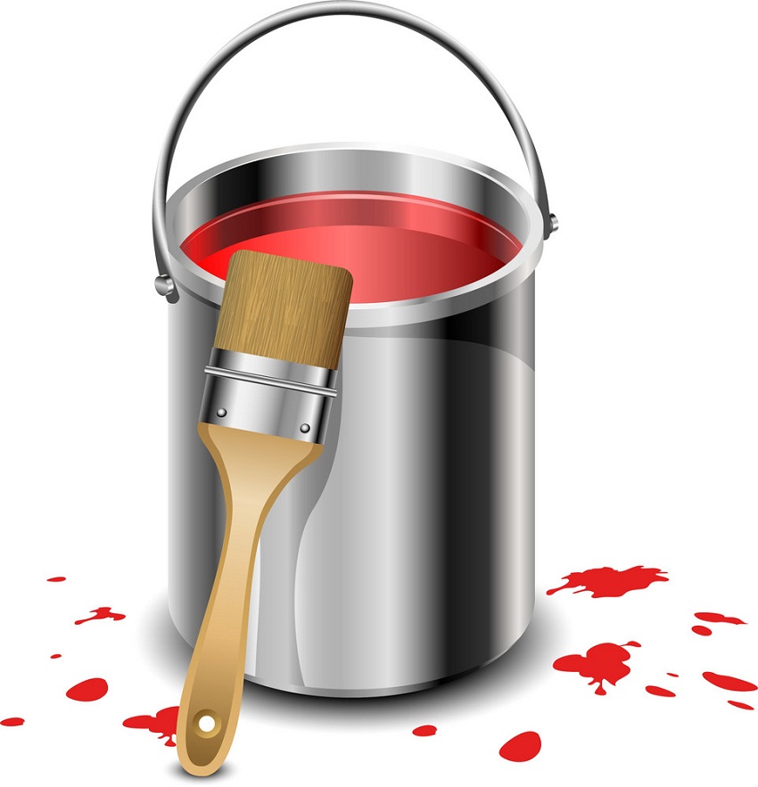 red paint bucket with paint brush